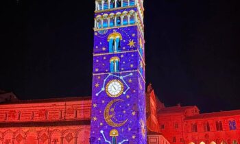 Pistoia bell tower mapped with architectural projections