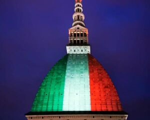 Projection of the Italian flag on the Mole in Turin